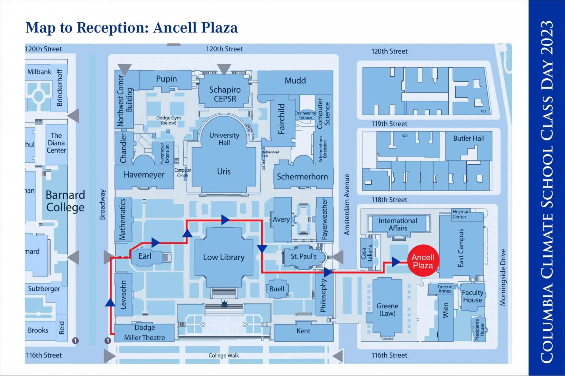 Map showing the path from Miller Theater to the outdoor reception for Class Day.