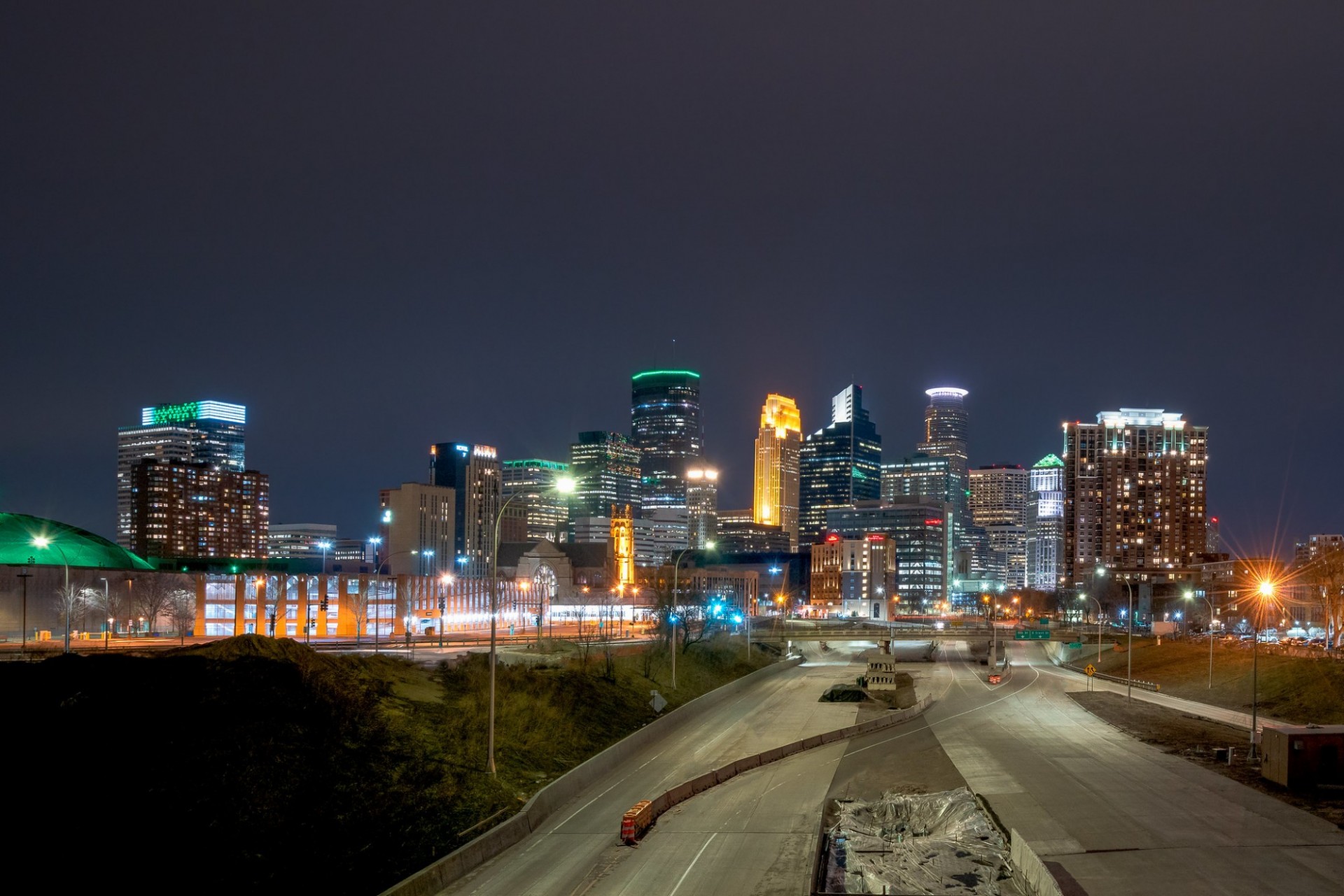 View of empty highways with the cityscape of Minneapolis in the background
