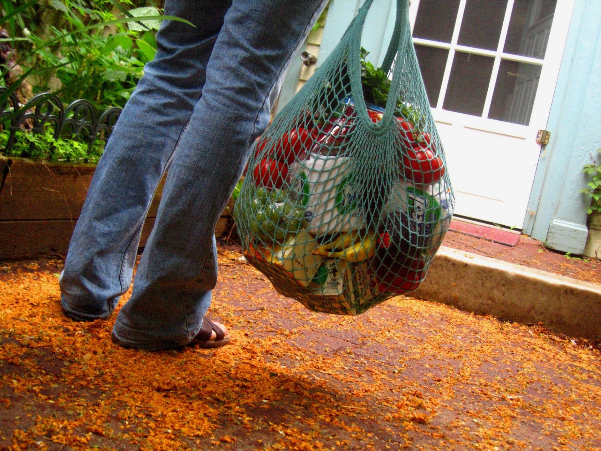 A person holds a reusable bag full of groceries