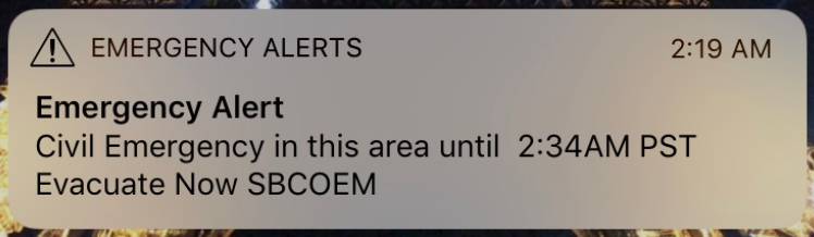 Screen shot of an emergency alert warning on a cell phone