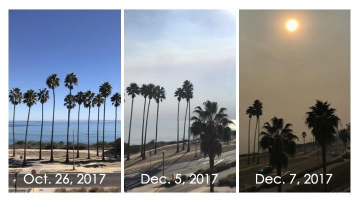 Three pictures showing the decreased visibility due to wildfire smoke