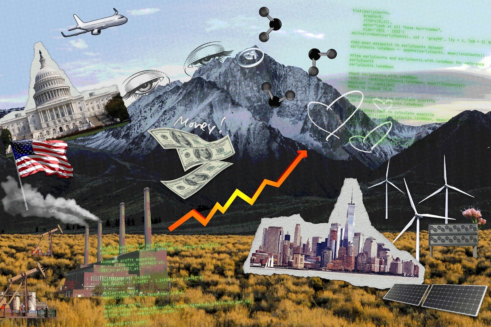 A collage of mountains, smokestacks, money, the Capitol building, a plane, and windmills. 