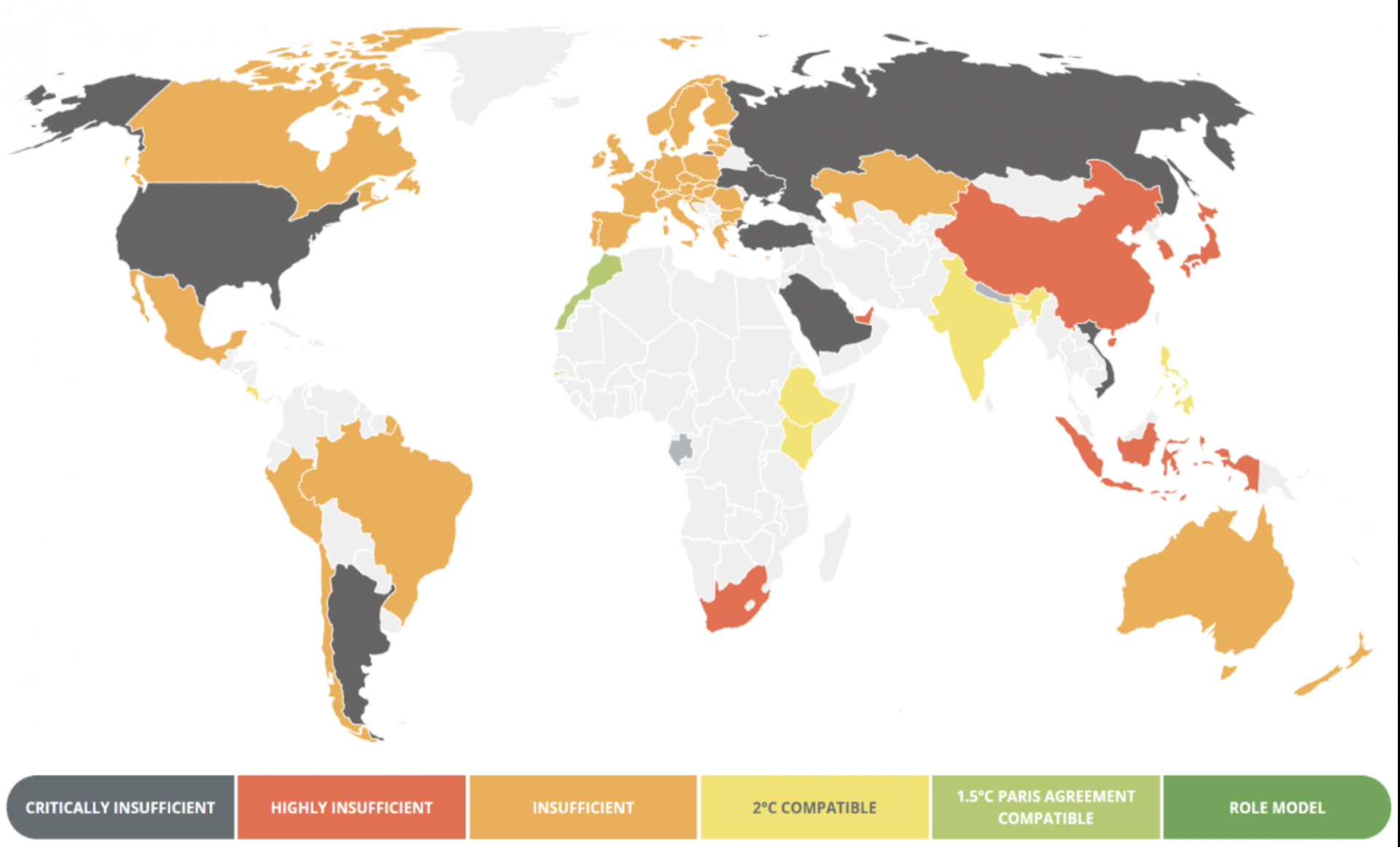 A map showing which countries are taking climate action and what the extent of their actions are. 